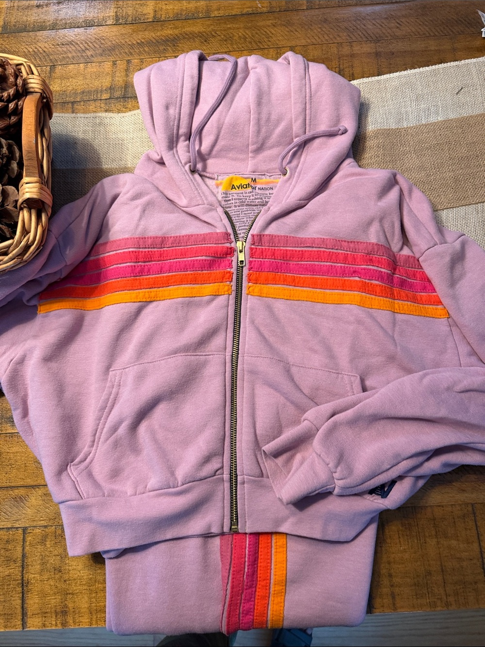 Aviator Nation Lilac crop  Hoodie with Pink and Orange Stripes pant set